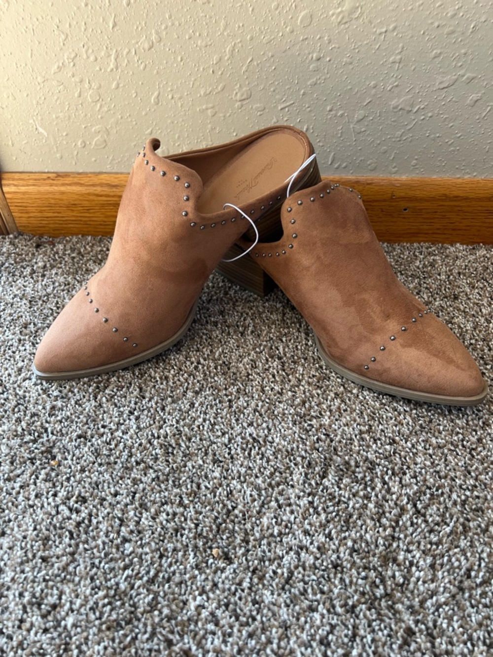 Women's Universal Threads Suede Pointed-Toe Studded Mules in Tan